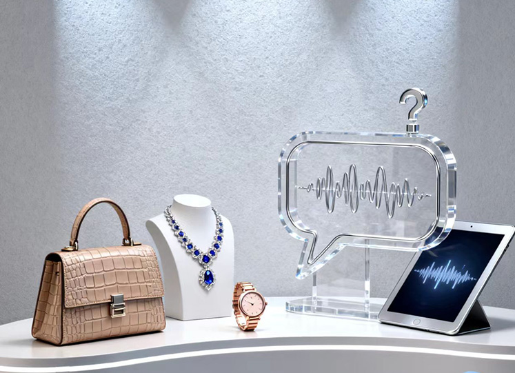 Luxury handbag, necklace and watch displayed beside a clear speech-bubble sculpture
